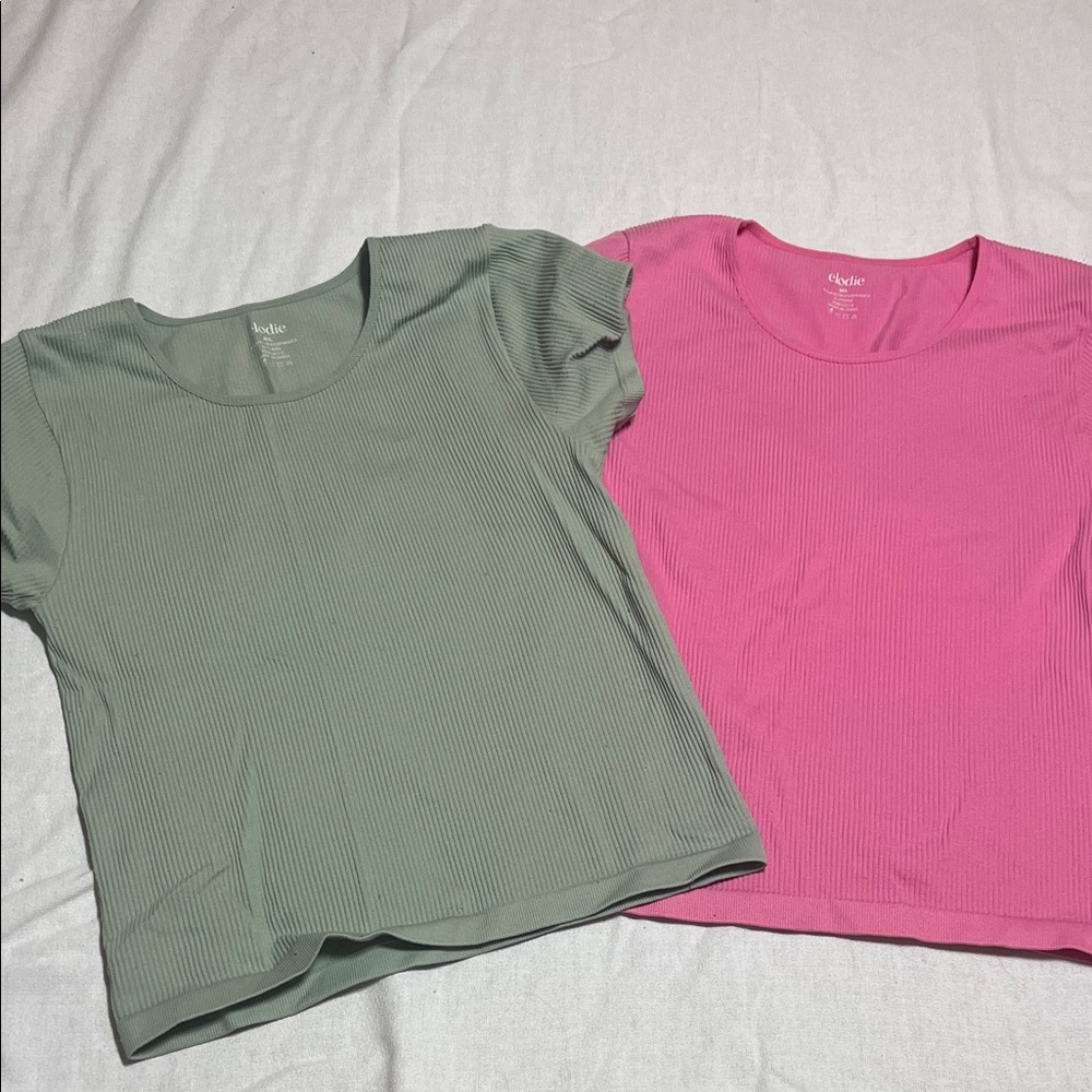 Elodie Sage and Pink Ribbed Top